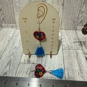 Colorful Embroidered Heart Earrings with Blue Tassel